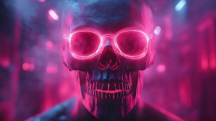 Neon skull wearing sunglasses in vibrant pink and blue light.