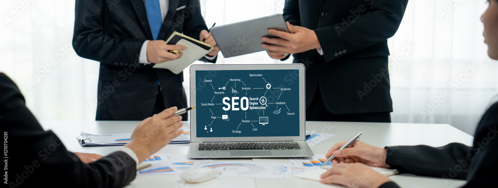 Poster seo search engine optimization for brisk e-commerce and online retail business showing on computer s