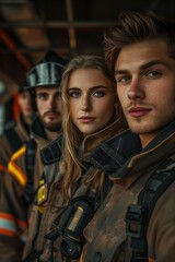 Fototapeta premium Brave firefighters showcasing teamwork and dedication in their protective gear.