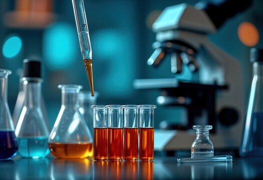 Laboratory scene shows scientist performing test. Dropper adds liquid into test tubes. Different liquids in flasks, beakers. Microscopes, lab equipment visible. Science lab setting. Blurred
