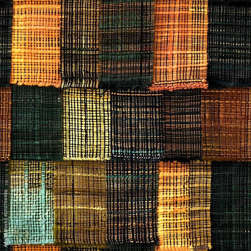 Poster abstract geometric patchwork pattern with textured squares in deep emerald green, amber and copper t