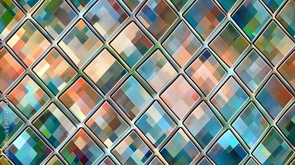 Poster abstract geometric pattern with diagonal grid of metallic frames containing colorful pixelated squar