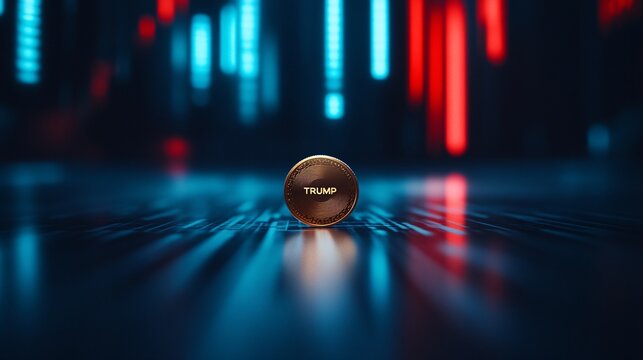 Close-up of a golden coin with the text "Trump" in a futuristic setting
