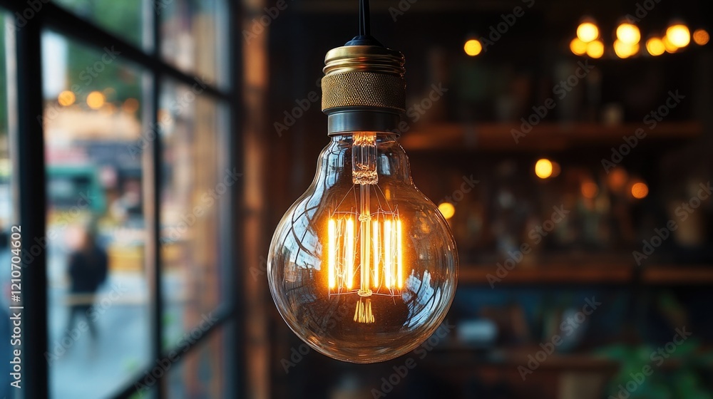 Poster a close-up view of a light bulb hanging from the ceiling, suitable for use in interior design or tec