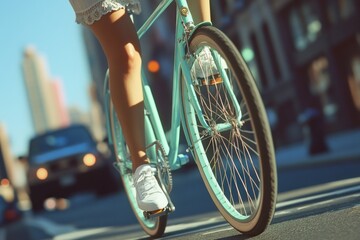 Naklejka premium A Woman Rides a Pastel Green Bicycle Through a City Street on a Sunny Day