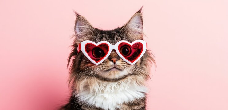 Fluffy tabby cat in red heart-shaped glasses with a pink background, exuding charm and playfulness. Perfect for Valentine's Day promotions, pet campaigns, and whimsical designs