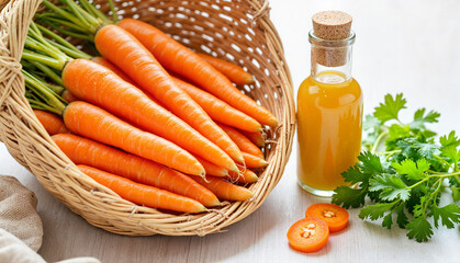 Fresh carrots in a basket next to a bottle of juice