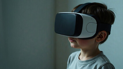 boy in virtual reality glasses standing in the room, space for design or text. concept of present and future, artificial intelligence