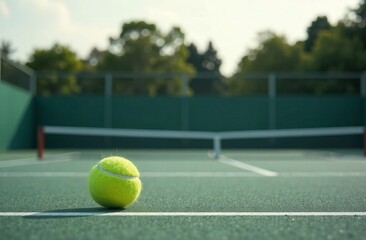 tennis yellow ball lies on green map, nobody, tennis game