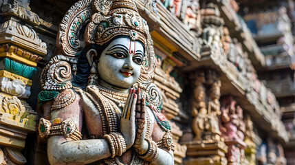 Fototapeta premium Intricately Carved Stone Deity Idol at South Indian Temple Closeup with Detailed Craftsmanship : Generative AI