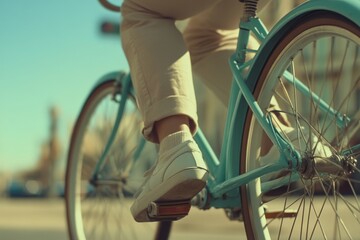 Naklejka premium Cycling Through City Streets on a Sunny Day: A Teal Bicycle Ride