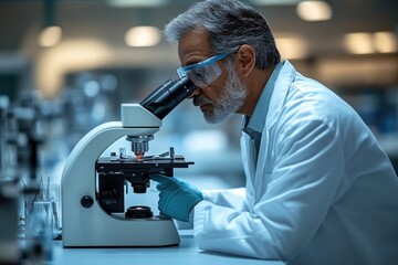 A scientist examines a sample under a microscope, a common laboratory practice