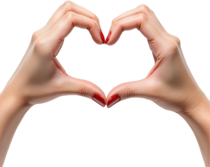 Elegant woman’s hands with red manicure forming a heart shape, symbolizing love and care, isolated on a transparent or white background 