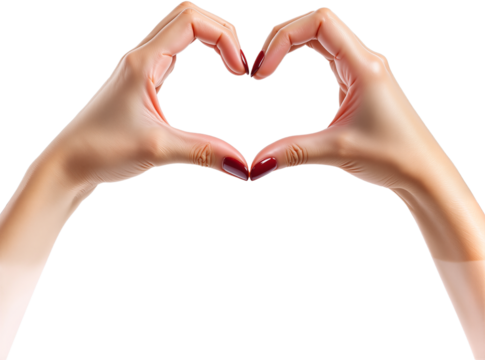Elegant woman’s hands with red manicure forming a heart shape, symbolizing love and care, isolated on a transparent or white background 