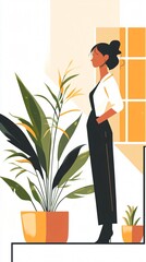 A Modern Woman in a Stylish Home with Indoor Plants. Serene Setting and Minimalist Style. Perfect for Home Decor Enthusiasts.