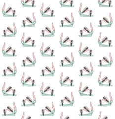 Vector seamless pattern of hand drawn sketch doodle colored snowboard boot isolated on white background