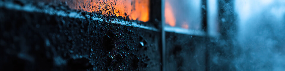 Water Droplets on Dark Surface with Blurred Orange and Blue Background