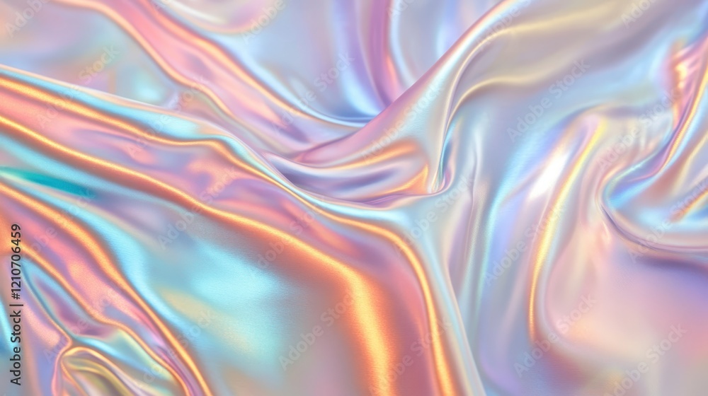 Poster an iridescent texture with a silky fluid appearance showcasing a spectrum of pastel colors that shif