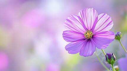 Obraz premium Pink cosmos flower in soft focus field, floral nature background, spring bloom, greeting card