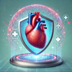 Heart medical healthcare. Human heart anatomy organ translucent low poly triangle inside shield futuristic glowing red on dark blue background. Immunity protection medical innovation concept. Vector.
