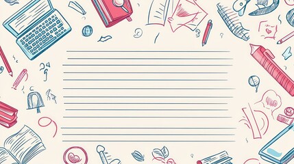 School supplies border, notebook paper, study, education, background design, template