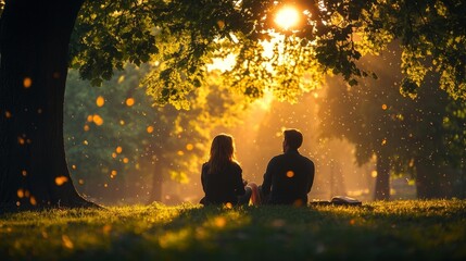 Peaceful conversation in the park during sunset. Generative AI