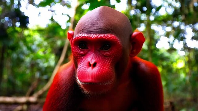 Unique Red Monkey Explores Dense Jungle Environment in Vibrant Natural Habitat