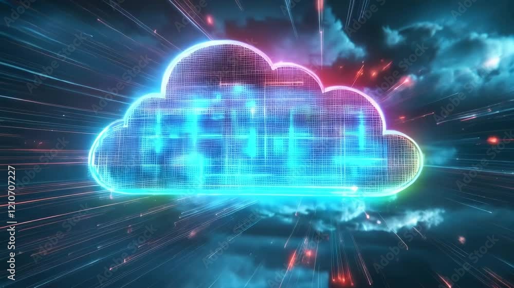 Poster neon cloud with data streams in dynamic digital space