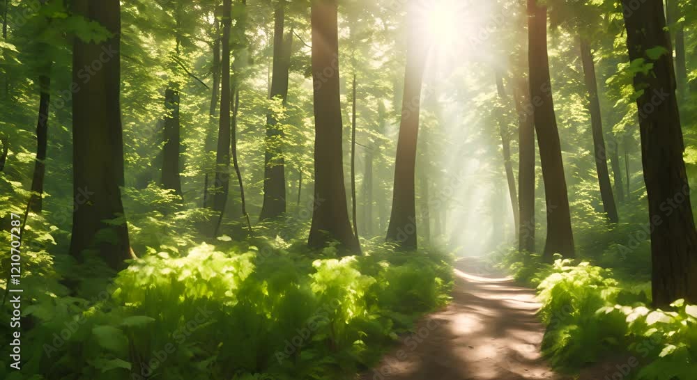Poster a serene forested path bathed in soft dappled sunlight filtering through dense tall trees 4k