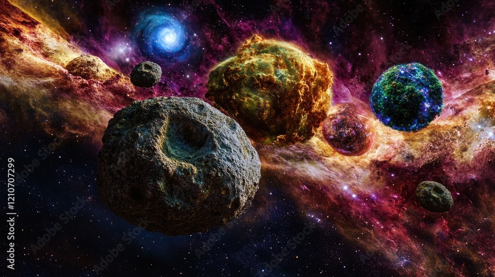 Poster a group of planets orbiting in the vastness of space