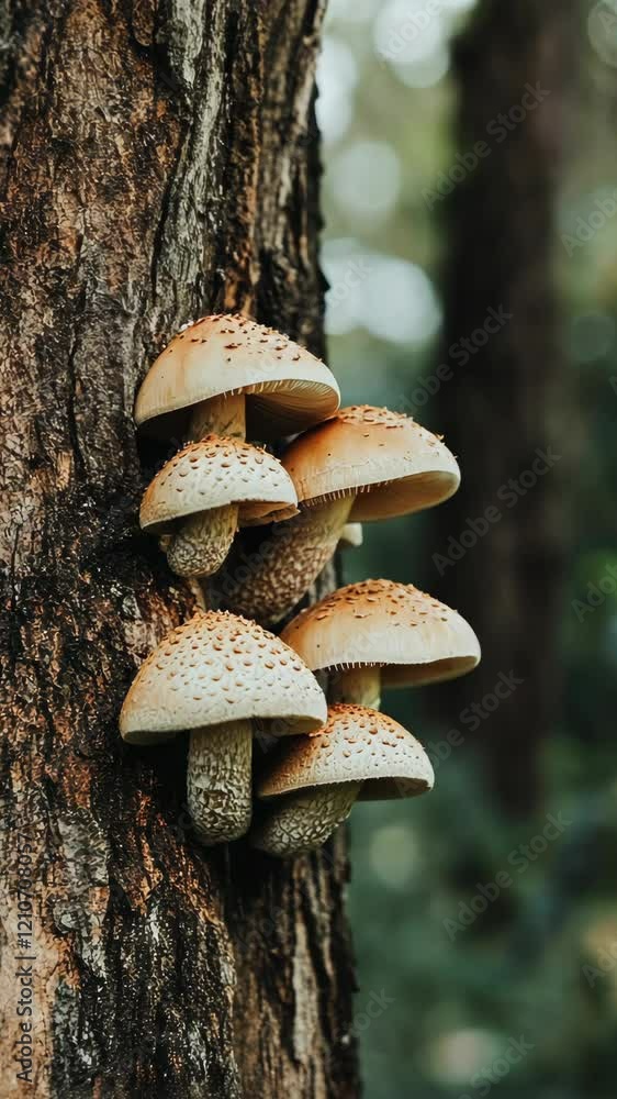 Poster cluster of mushrooms growing on a textured tree trunk in a lush forest during daylight hours