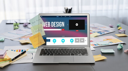 Sticky note for creative and analytic brainstorm for business idea with BI data dashboard on laptop screen. Analysis financial data visualization tech for marketing strategy. Prodigy