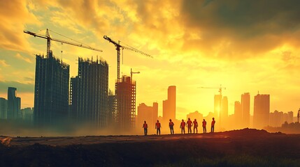Fototapeta premium A group of construction workers stand silhouetted against a vibrant sunset, overlooking a city under construction.