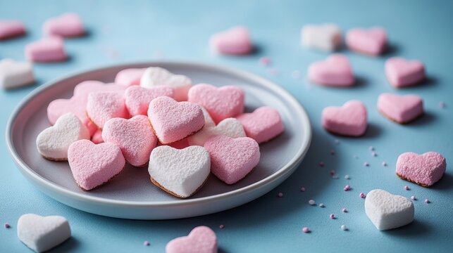 Close-up view of heart-shaped cookies, sweet marshmallow on plate isolated on blue, St. Valentine's Day concept