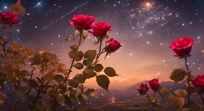 A mesmerizing dreamlike and vibrant of fantastic bushes with dried wooden color roses and rose buds with delicate petals and set against a backdrop of twinkling starry night sky 4K