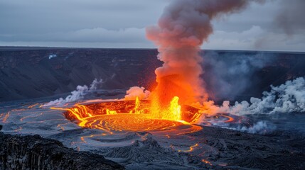 Erupting Volcano Fiery Lava Flow and Smoke Plume in Crater