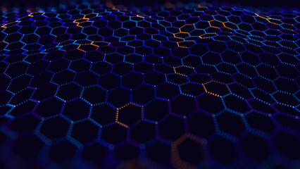 Fototapeta premium Blue Hexagon Pattern. Abstract Medical Chemical Tech Background. Hexagonal Pattern for Hi-Tech Science Design. Cyber Hexagon 3D Grid Sci-Fi Game Backdrop. Vector Illustration.