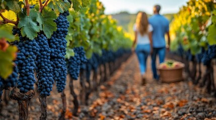 Romantic vineyard walk with a basket and ripe grapes. Generative AI