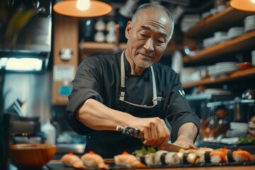 Experienced chef preparing fresh sushi in a vibrant, bustling kitchen atmosphere.