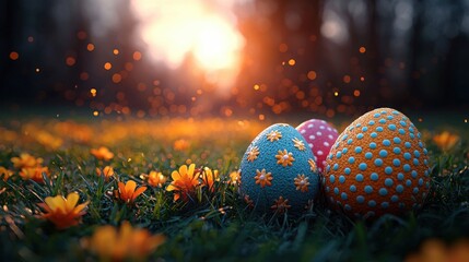 Vibrant Easter eggs nestled among colorful flowers at sunrise in a serene garden setting