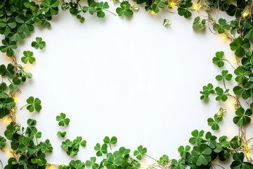Naklejka premium Festive clover border with string lights on white background