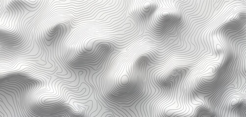 Abstract topographic map design. Stylish gray lines create textured relief map. Modern graphic pattern mimics mountain terrain. Ideal for wallpaper background. Suggests adventure, exploration.
