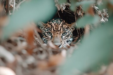 Obraz premium A jaguar's face is visible through dense foliage, its piercing eyes focused intently, portraying the stealth and elegance of this majestic predator.