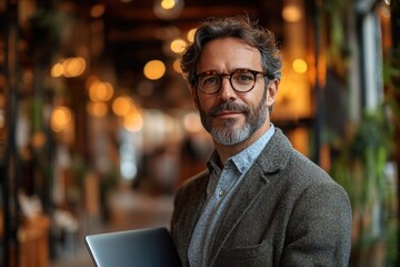 Fototapeta premium A person wearing glasses sits at a desk working on a laptop, possibly studying or writing