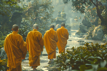 Tranquil March of Monks: A Journey Towards Spiritual Enlightenment in a Serene Natural Setting