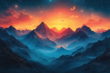 Obraz premium Majestic mountain landscape showcasing vibrant sunset and serene surroundings