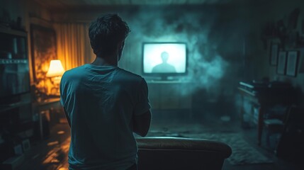 Man watching TV in a dark room with a reflective mood. Generative AI
