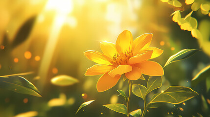 A tight shot of a sunlit yellow bloom against a backdrop of solar rays filtering through leafy surroundings, with petals and foliage in sharp focus. Solar Bloom. Illustration
