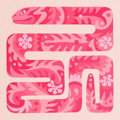 Pink Japanese dragon. Bright ethnic illustration with sakura pattern. The great serpent, the awakening of spring.