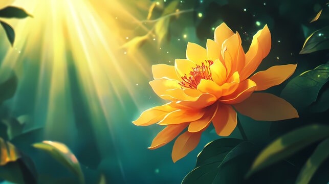 A tight shot of a sunlit yellow bloom against a backdrop of solar rays filtering through leafy surroundings, with petals and foliage in sharp focus. Solar Bloom. Illustration